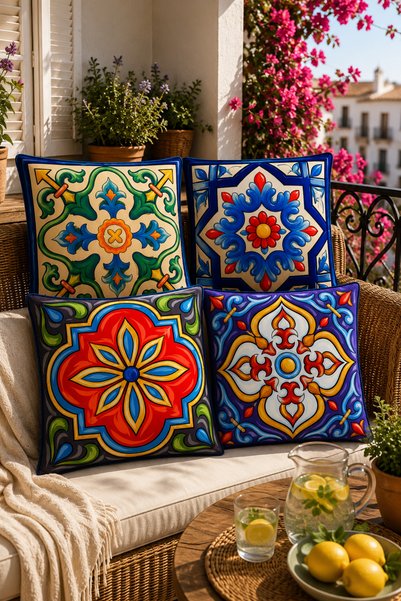 Elay Tekstil Majolica 4-Piece Throw Pillow Cover and Runner Set |   Double-Sided Printed Garden and Balcony Set |