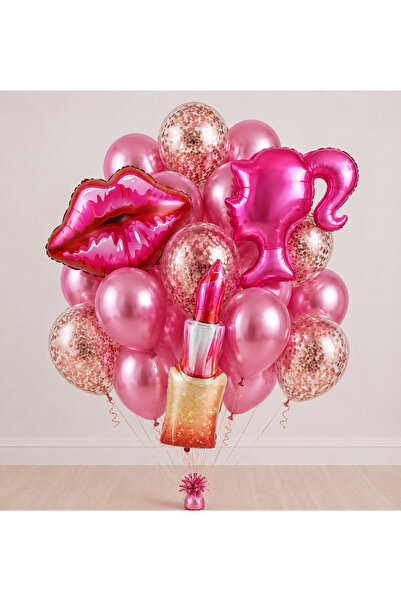 Balonsan Chrome Pink Transparent Lipstick Lip Girl Balloon Bundle 15 Pieces