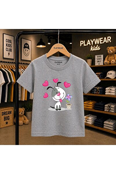 playwear Детска унисекс тениска с щампа  "Малки сърца, саксия и куче " 100% п...