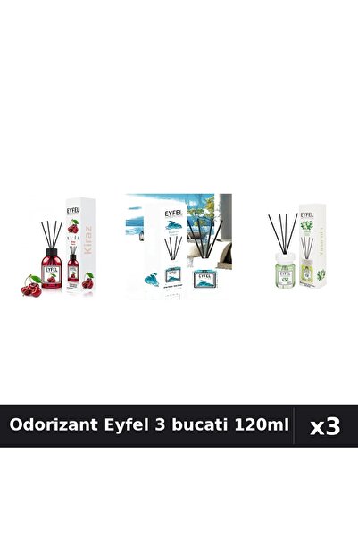 Eyfel Set 3 Odorizant Camera cu Betisoare - Cirese, Ocean, Iasomie, 120ml