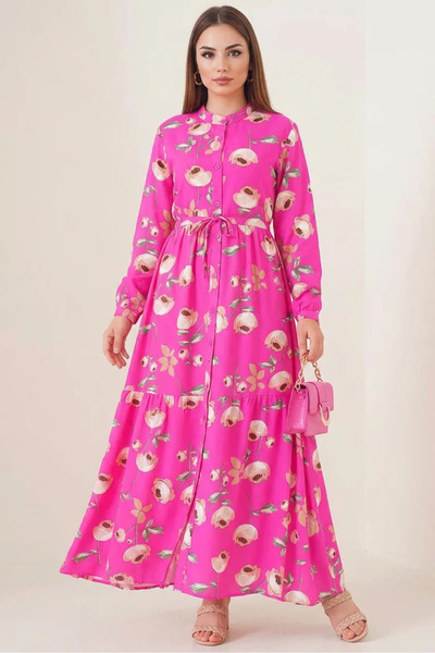 buğrahayalin Women's High Collar Gathered Waist Buttoned Floral Patterned Vis...