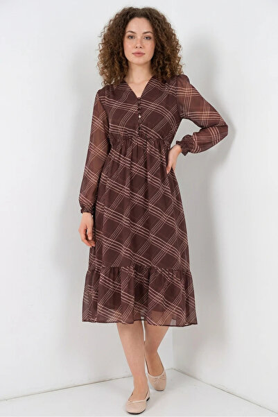 buğrahayalin Women's V-Neck Gathered Waist Striped Pattern Chiffon Light Brow...