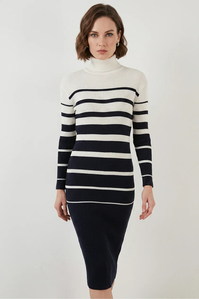 buğrahayalin Women's High-Neck Striped Knitwear Navy Blue and White Dress