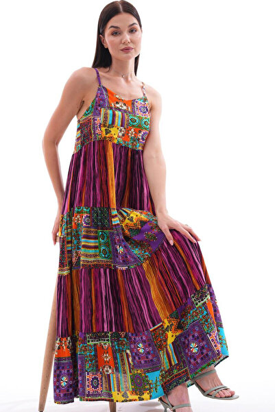 MissThetis Kalp Yakalı İp Askılı Eteği Belden Açılan Patchwork Etnik Desenli ...