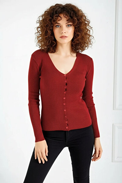 buğrahayalin Women's V-Neck Buttoned Knitwear Burgundy Cardigan