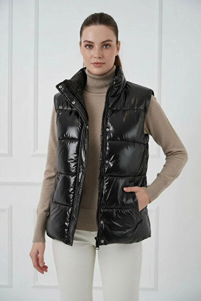 Efnaz style Women's High Collar Shiny Black Vest