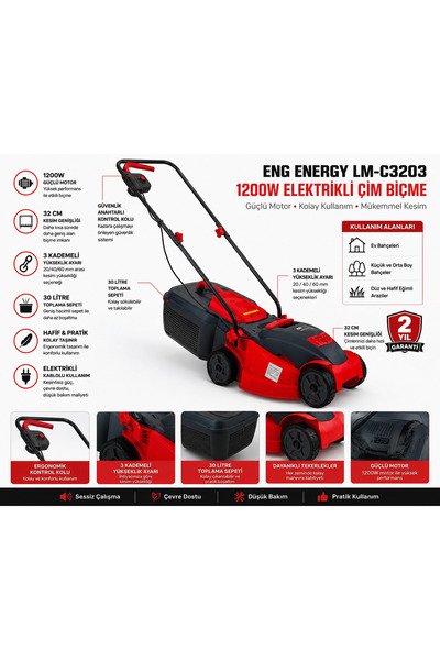Energy ENG LM-C3203 Elektrikli Çim Biçme (1200W) Güçlü Motor