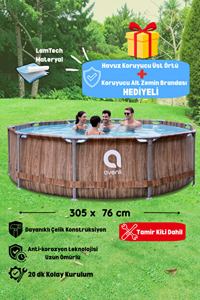 Kalitomi 305x76 cm Fiberglas İskelet Havuz Kahverengi Ahşap Desenli Bahçe Hav...