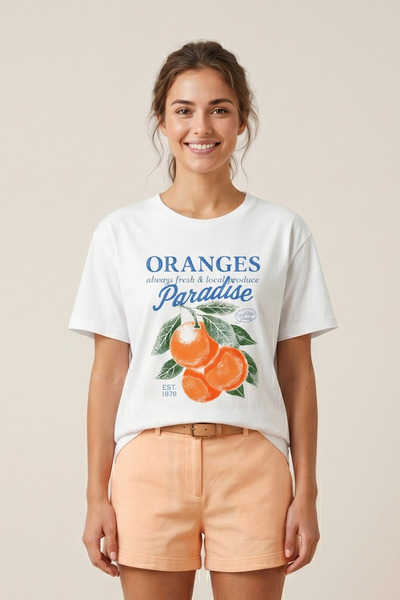 DK DAKSEL Tricou de damă din bumbac, de culoare albă, cu imprimeu portocaliu ...