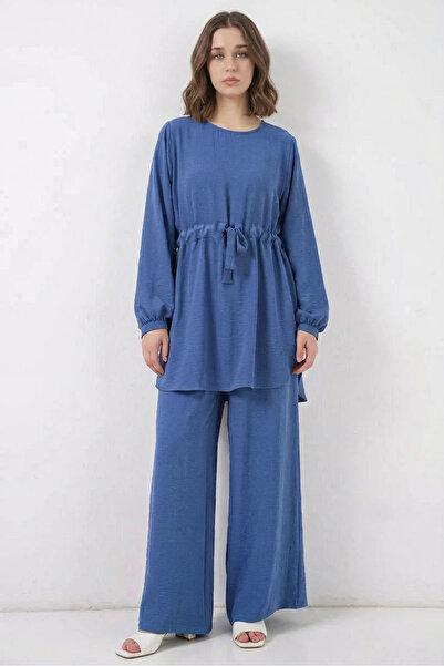 buğrahayalin Women's Round Neck Gathered Waist Balloon Sleeve Indigo Two-Piec...