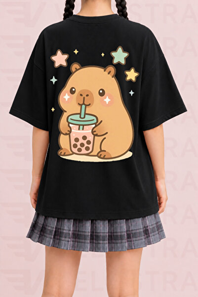 Velostra Women's Bubble Tea Capybara Printed Oversize Crew Neck Cotton Casual...