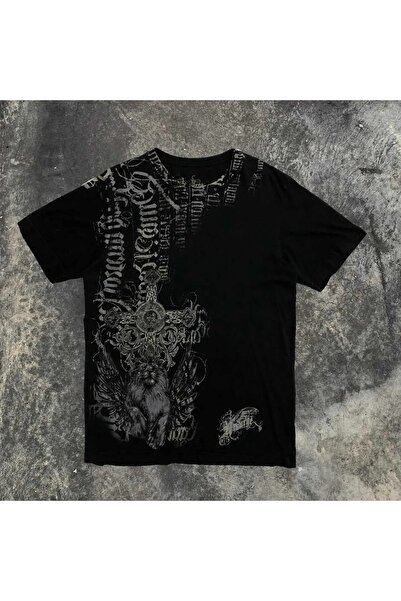 LAND MODA Tricou oversize cu imprimeu Leu și Cruce Întunecată – Negru Unisex