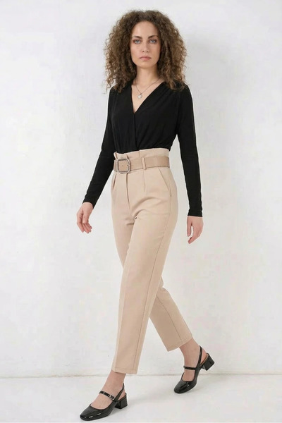 buğrahayalin Women's High Waist Belted Cream Trousers