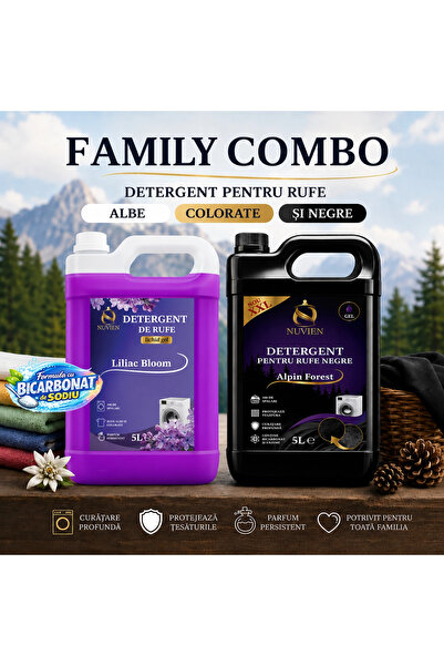 Nuvien Pachet Detergent Family Combo, pachet complet pentru rufe albe, colora...