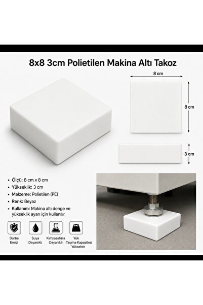 HANUR POLİETİLEN 8x8x3 cm Beyaz Polietilen Makina Altı Takozu PE Plastik Yüks...