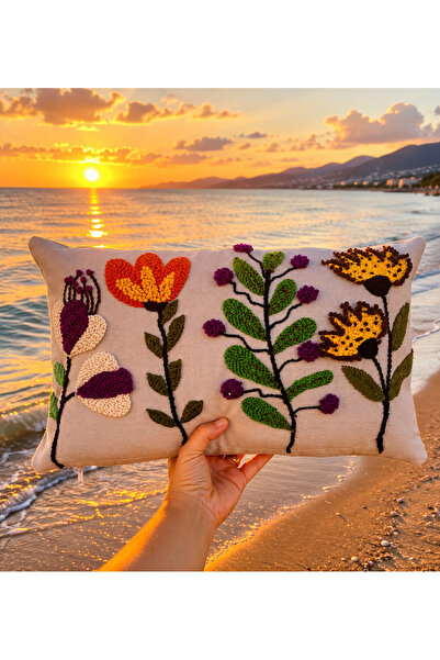 Punch İşlemeli Çiçekli Keten Yastık Kılıfı – Dekoratif Kırlent - 40*30 cm - İstenilen Ölçülerde de Yapılır. Salon, Oturma Odası, Balkon için ideal - Özel Hediye (punç-panç)