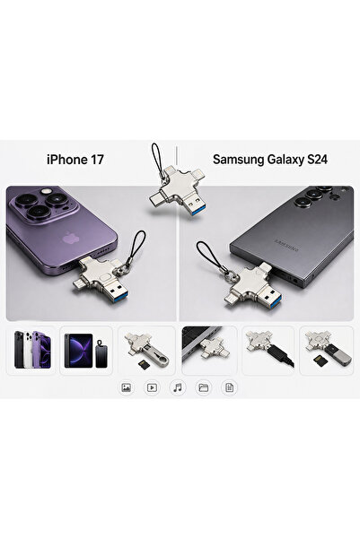 Boğazören Çoklu Adaptör Usb Çoklayıcı Flash Bellek Telefona Bağlama Veri Aktarım Adaptörü 4 İN 1 iPhone Samsung Uyumlu Çoklu Dönüştürücü USB Type-C Lightning USB OTG Adaptör Çevirici