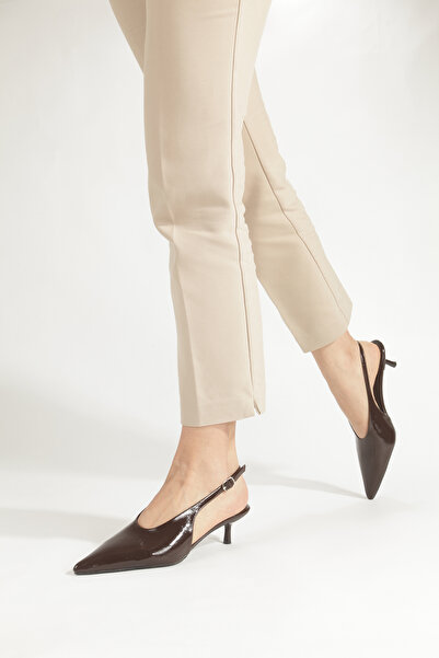 PİMORA Coffee-Colored Wrinkled Patent Leather, Pointed Toe, Open Back, 4 cm T...