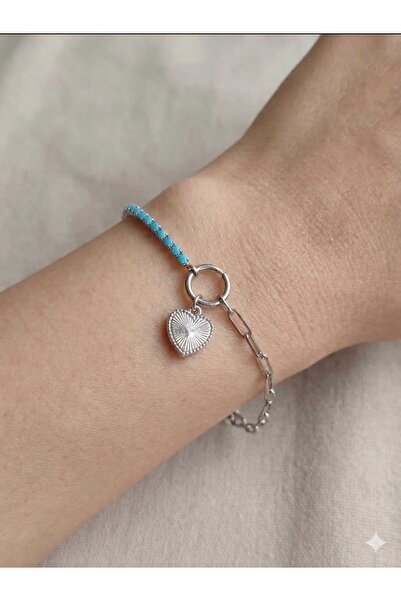 FOR YOU TAKI by Ezgi Women's Turquoise Stone and Silver Color Paperclip Chain...