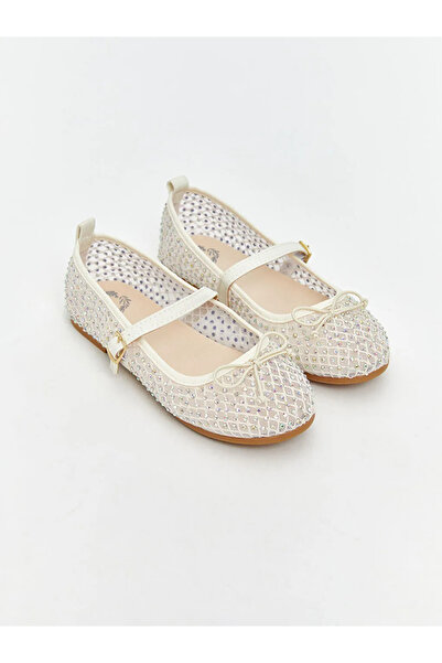 LC Waikiki Ecru Bow Detailed Mesh Girls' Ballerinas