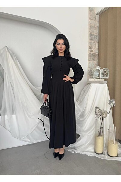 Caddebostan Moda Button Detailed Draped Look Long Sleeve Midi Dress