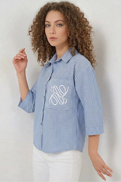 buğrahayalin Women's Single Pocket Striped Cotton Navy Blue Shirt