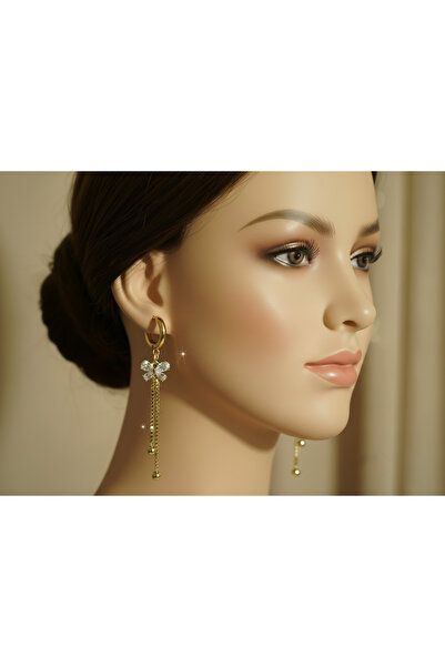Rostil Efect Long gold-plated stainless steel earrings with zirconia butterfl...