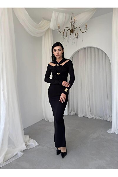 Caddebostan Moda Brooch Detailed Long Sleeve Evening Dress Midi Length Specia...