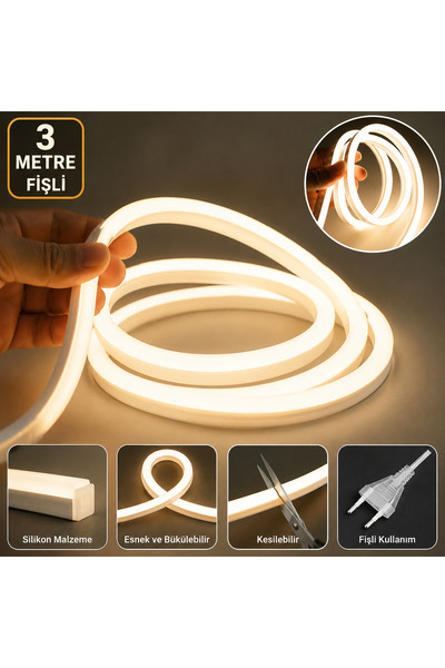 TeknoEser 3 Metre Neon LED Şerit Işık Fişli Sıcak Beyaz Silikon Esnek Dekorat...