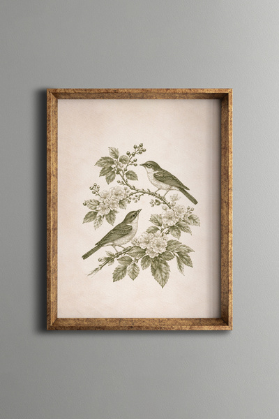 epiqart Two Birds on Flower Branches - Vintage Patterned Frame - Slim Model