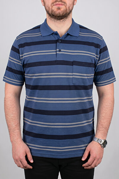nacar çarşı Men's Striped Pocket Blue Polo Collar Dad T-Shirt Father's Day