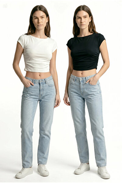MAYOPORT Women's Black and White 2-Pack Boat Neck Side Ruched Ribbed Crop T-S...