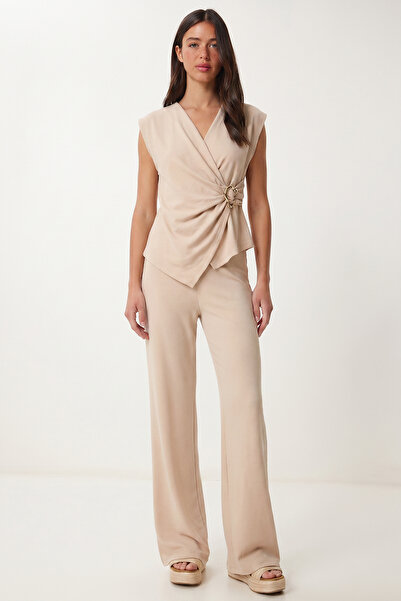 Lovelyİstanbul Modal Top and Bottom Set with Gold Accessories Lnt0035 Dark Cream