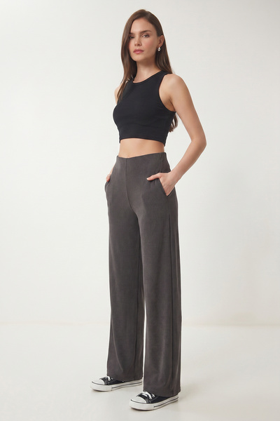 Lovelyİstanbul Široke rebraste modalne pantalone LUB0348 ANTRACIT