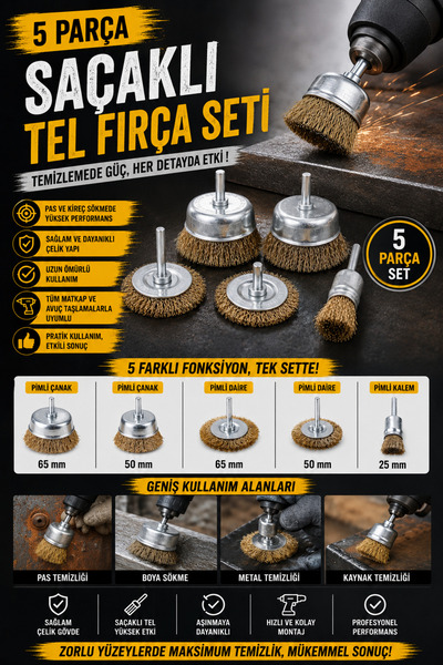 Zephoo 5 Parça Matkap Uyumlu Tel Fırça Seti Çanak ve Daire Tip Çelik Tel Fırç...