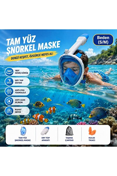 HyMark Tam Yüz Şnorkel Maske (S-M) Beden Panoramik Görüşlü Deniz Gözlüğü Dry ...