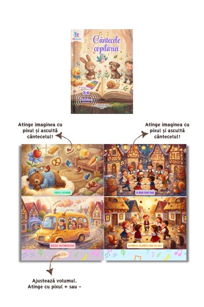 minibooks Pachetul Cântăm și Învățăm cu 2 cărți muzicale - Cântecele Copilăriei și Cântăm Alfabetul și Numerele Împreună, fără pix inclus