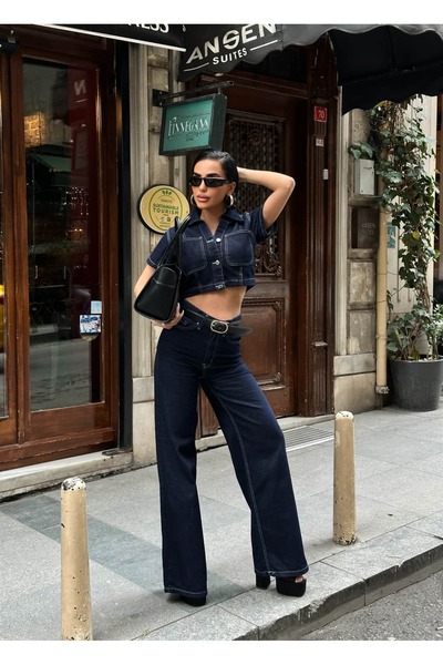 GLAMMOSS L'Atelier Navy Blue Short Sleeve Crop Denim Set