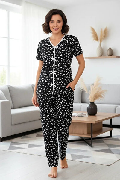 Beruflic Women's Black and White Heart Patterned Short Sleeve Stylish Pajama Set