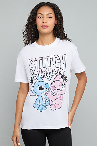 R&B تي شيرت مطبوع عليه Angel & Stitch برقبة دائرية وأكمام قصيرة