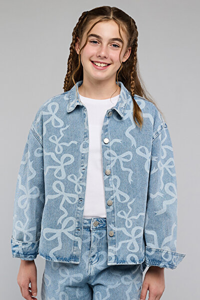R&B Bow Print Denim Jacket with Button Closure