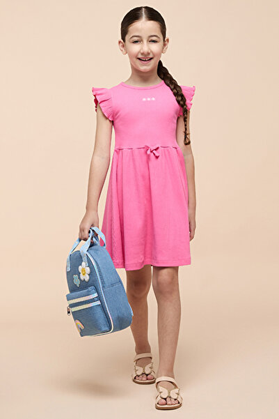 R&B Ribbed Fit & Flare Dress with Crew Neck and Fluter Sleeves