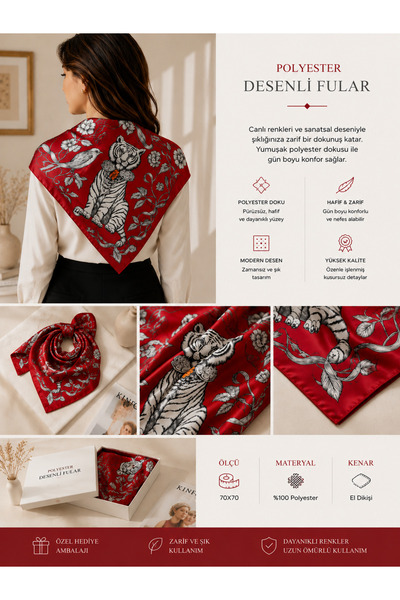 Tüko Store Red Scarf with Tiger Figure (70X70)