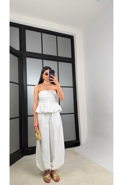GAUS CO Beyaz Balon Bluz Beli Lastikli Şalvar Pantolon İkili Premium Takım GA...