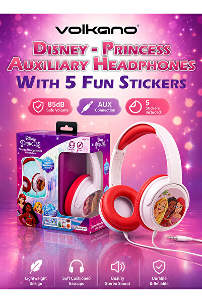 Volkano SMD Disney Princess Auxiliary Headphones with Stickers for Kids, 85dB...