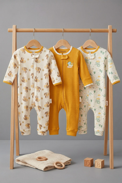 MIDIRIK ÇELEBİ bebe 3'lü Unisex Dinozor Baskılı Fermuarlı Bebek Tulum Paketi ...