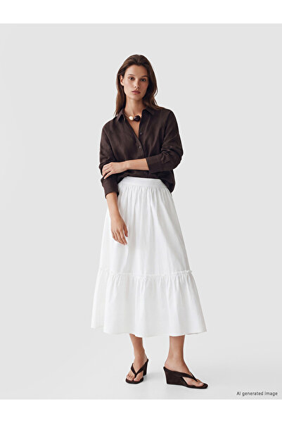 LC Waikiki Lcw Modest Ecru Zippered Poplin Flared Skirt