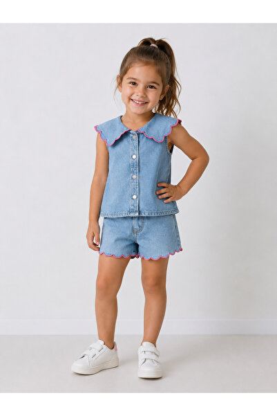connemara Girl's Ruffle Collar Denim Shorts Set - Summer Denim 2-Piece Set