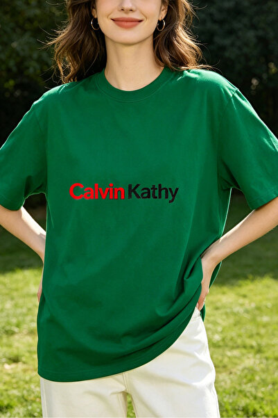 Fleck Womens T Shirts Calvin Kathy Logo Print Casual Oversized Style Green Co...