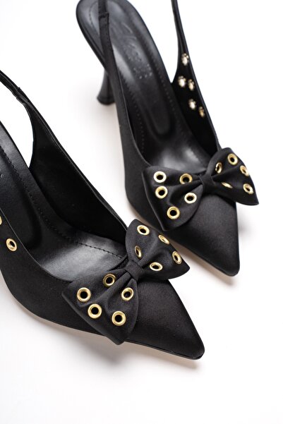 KARABAGSHOES Black Satin Bowknot Open-Back Heeled Shoes with Eyelet Accessories